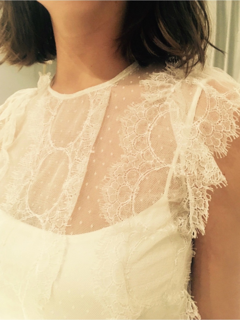 Celestina Agastino Custom Cuture Sheer Lace Ivory Cap Sleeve Dress Top